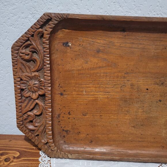 Vtg hand carved wooden serving tray with floral motif MCM India Mid Century - Picture 3 of 9